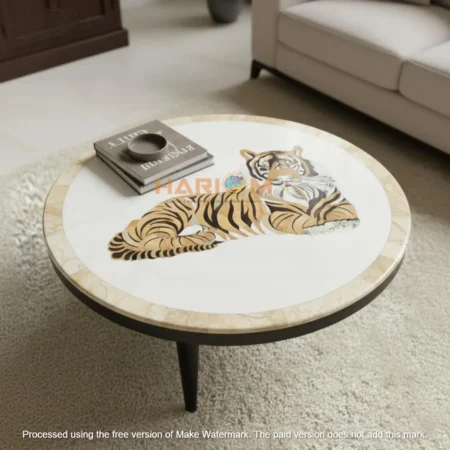 White Marble Tiger Inlay Table Top, Pietra Dura Round Side Table, Indian Handicraft Furniture