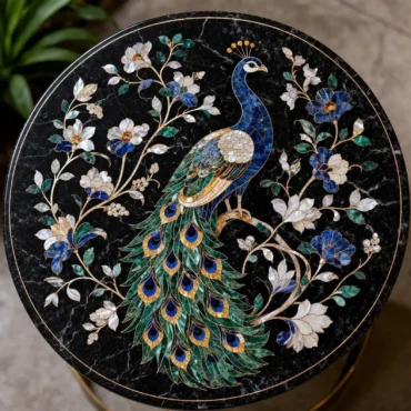 Handmade Marble Peacock Inlay Table Top, Pietra Dura Floral Furniture Decor