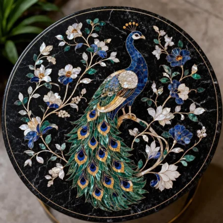 Handmade Marble Peacock Inlay Table Top, Pietra Dura Floral Furniture Decor