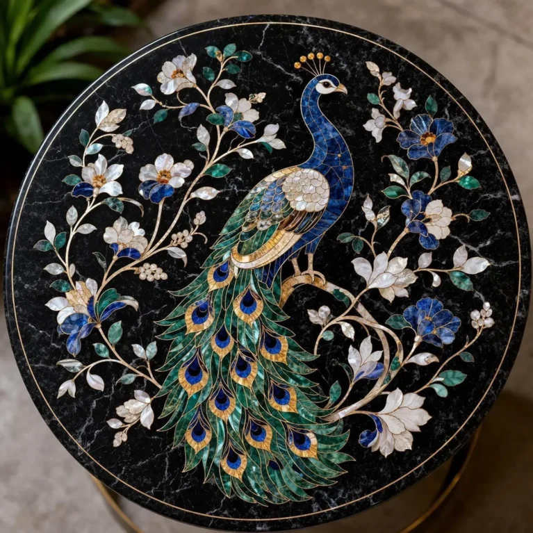 Handmade Marble Peacock Inlay Table Top, Pietra Dura Floral Furniture Decor