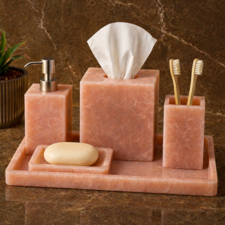 Rose Quartz Bathroom Set 5 Piece Vanity Accessories Luxury Stone Spa Decor Gift Set