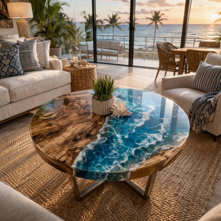 Ocean Wave Epoxy Wood Table: Live Edge Resin Coffee Table Top, Living Room Decor