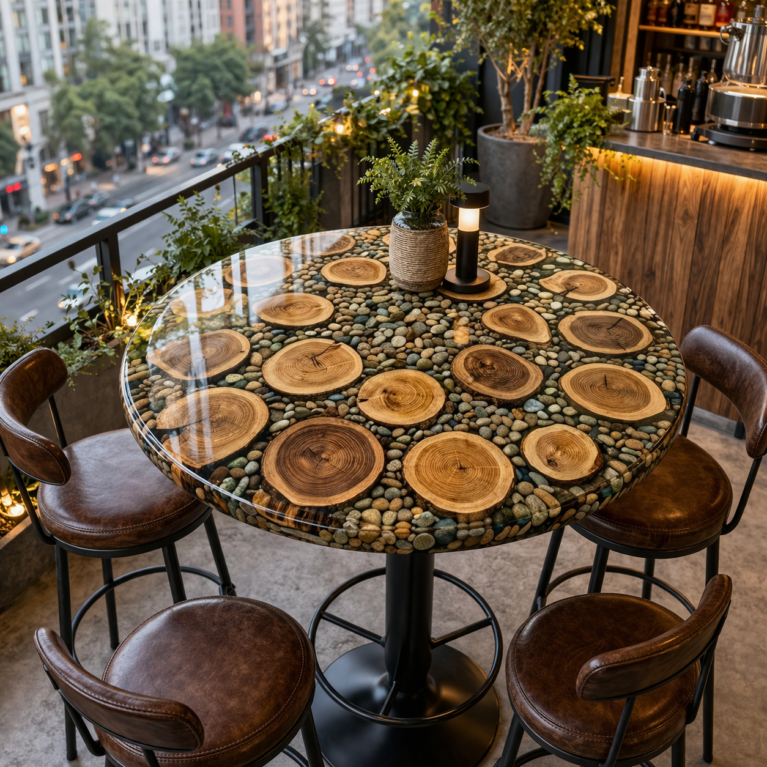 Handmade Wood Slice Epoxy Table, Riverstone Dining Table, Custom Resin Furniture
