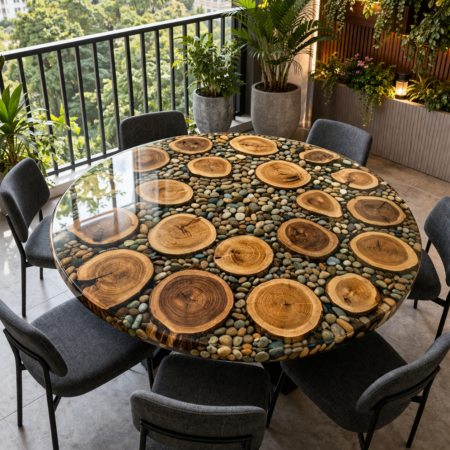 Handmade Wood Slice Epoxy Table, Riverstone Dining Table, Custom Resin Furniture