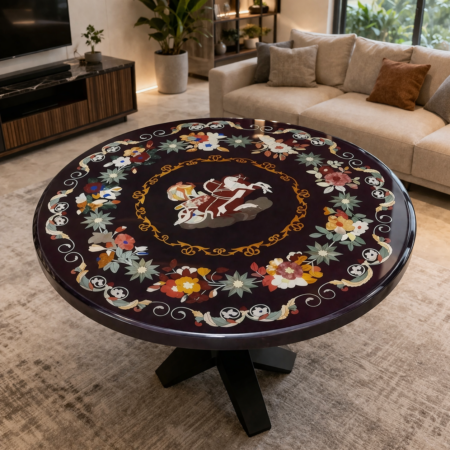 Equestrian Marble Inlay Coffee Table: Pietra Dura Floral Mosaic