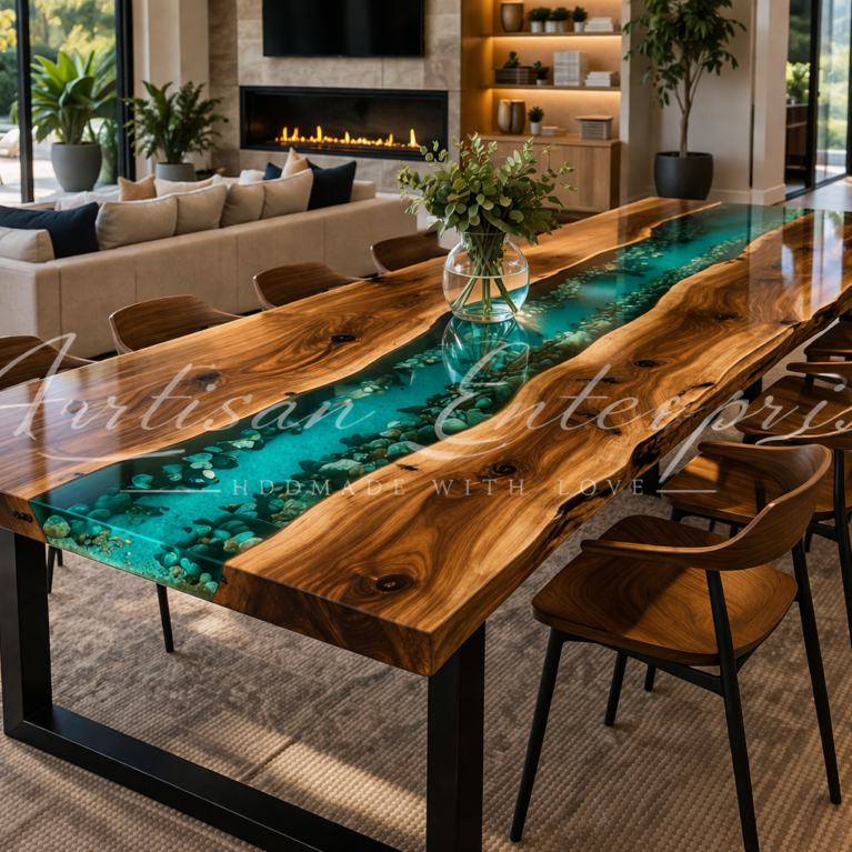 Live Edge Walnut Epoxy River Dining Table | Turquoise Pebble Inlay, Solid Wood Resin Furniture