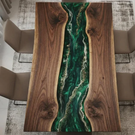 W River Dining Table, Green Ocean Resin Furniturealnut Live Edge Epoxy