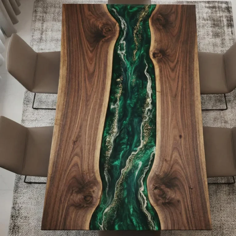W River Dining Table, Green Ocean Resin Furniturealnut Live Edge Epoxy