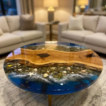 Ocean River Epoxy Resin Coffee Table, Beach Style Wood Tabletop with Shells